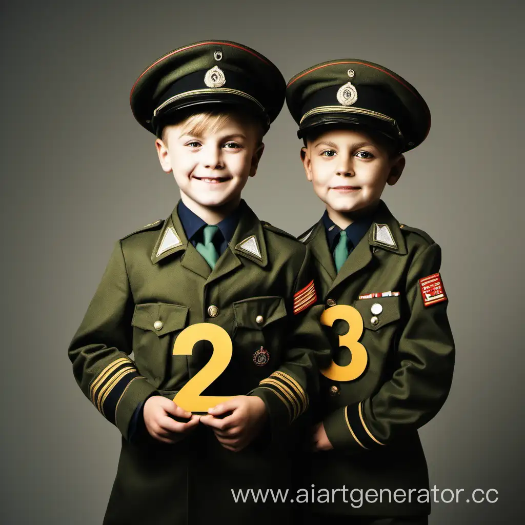 Two boys in military uniforms, one holding the number 2, the other holding the number 3
