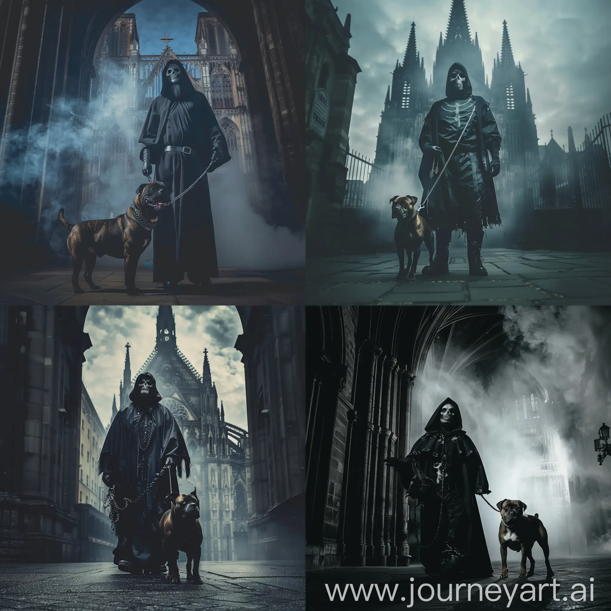 A man with grim reaper costume, in front of a dark cathedral, holding a pitbull with leash, foggy atmosphere, film noir, dark photography, dark colors, cinematic lighting