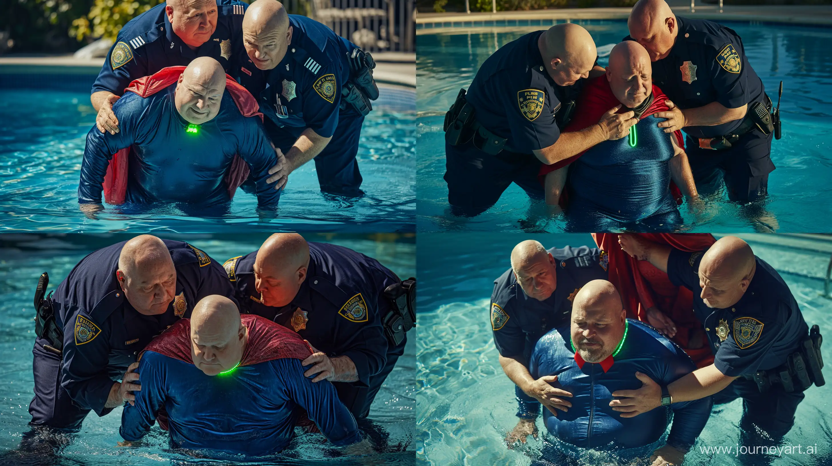A closeup photo of two chubby man aged 60 wearing a navy blue police uniform, bending behind and holding chubby man aged 60 kneeling in the water and wearing a tight blue silky navy tracksuit with a large red cape and a green glowing small short dog collar. Swimming Pool. Natural Light. Bald. Clean Shaven. --style raw --ar 16:9 --v 6