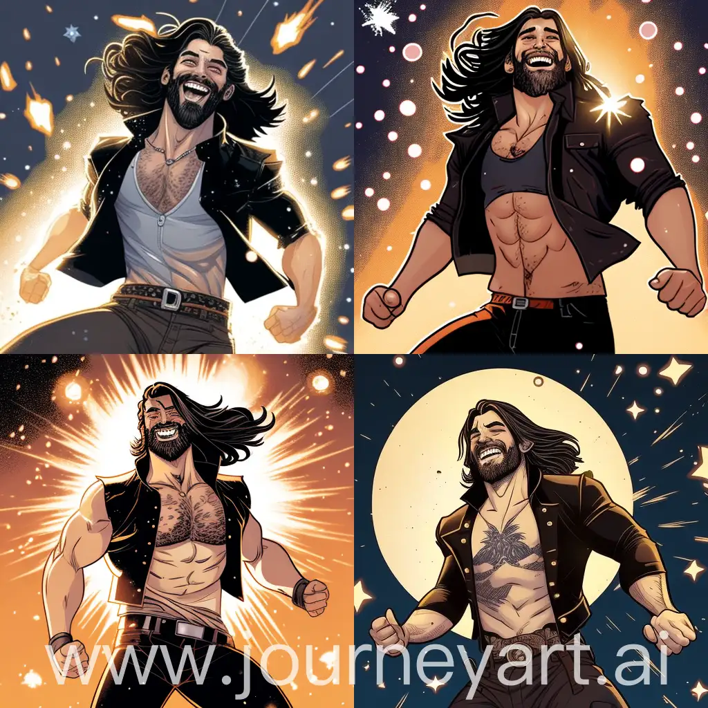 marvel comics style muscular man with a beard and long hair that reaches his back he is smiling peacefully in a leather jacket white tank top black pants and black boots he has a medallion on his waist and is flying over a meteor shower in outer space