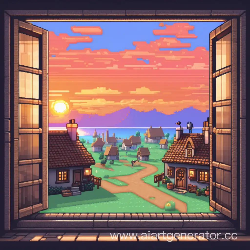 диалоговое окно деревня закат пиксельный