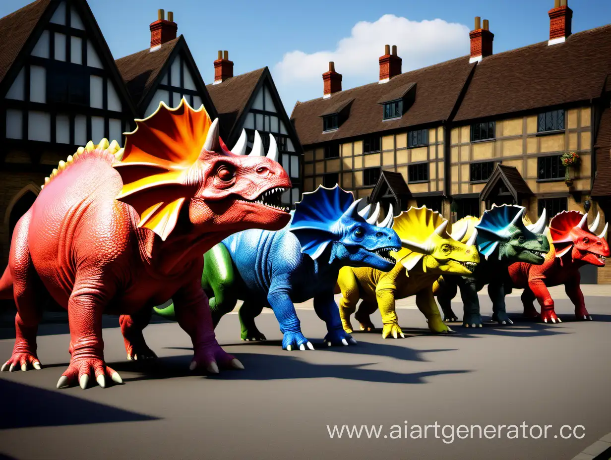A colourful herd of triceratops in a Tudor village. 