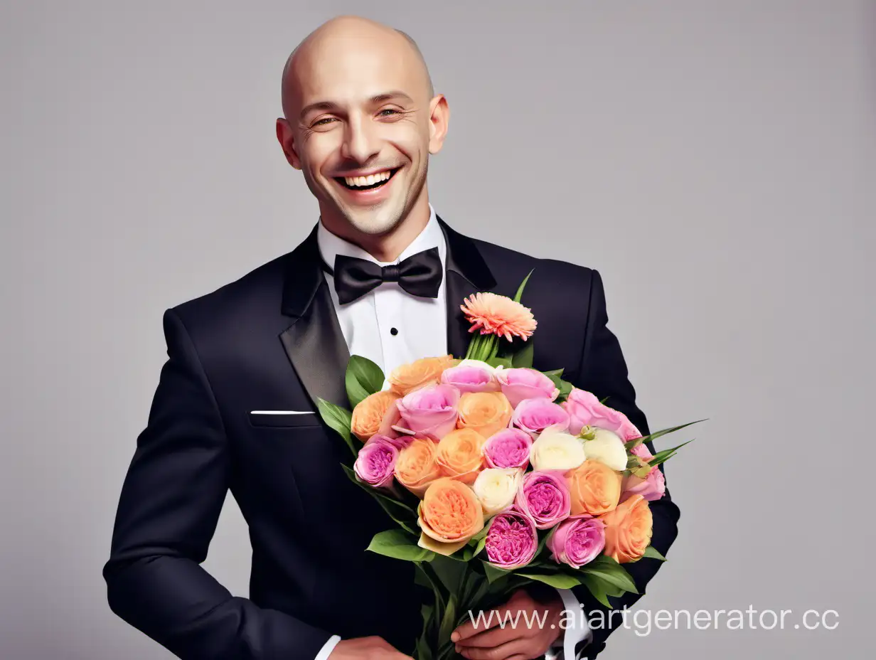 Stylish-Bald-Man-with-Bouquet-Smiling-and-Suave-in-Tuxedo