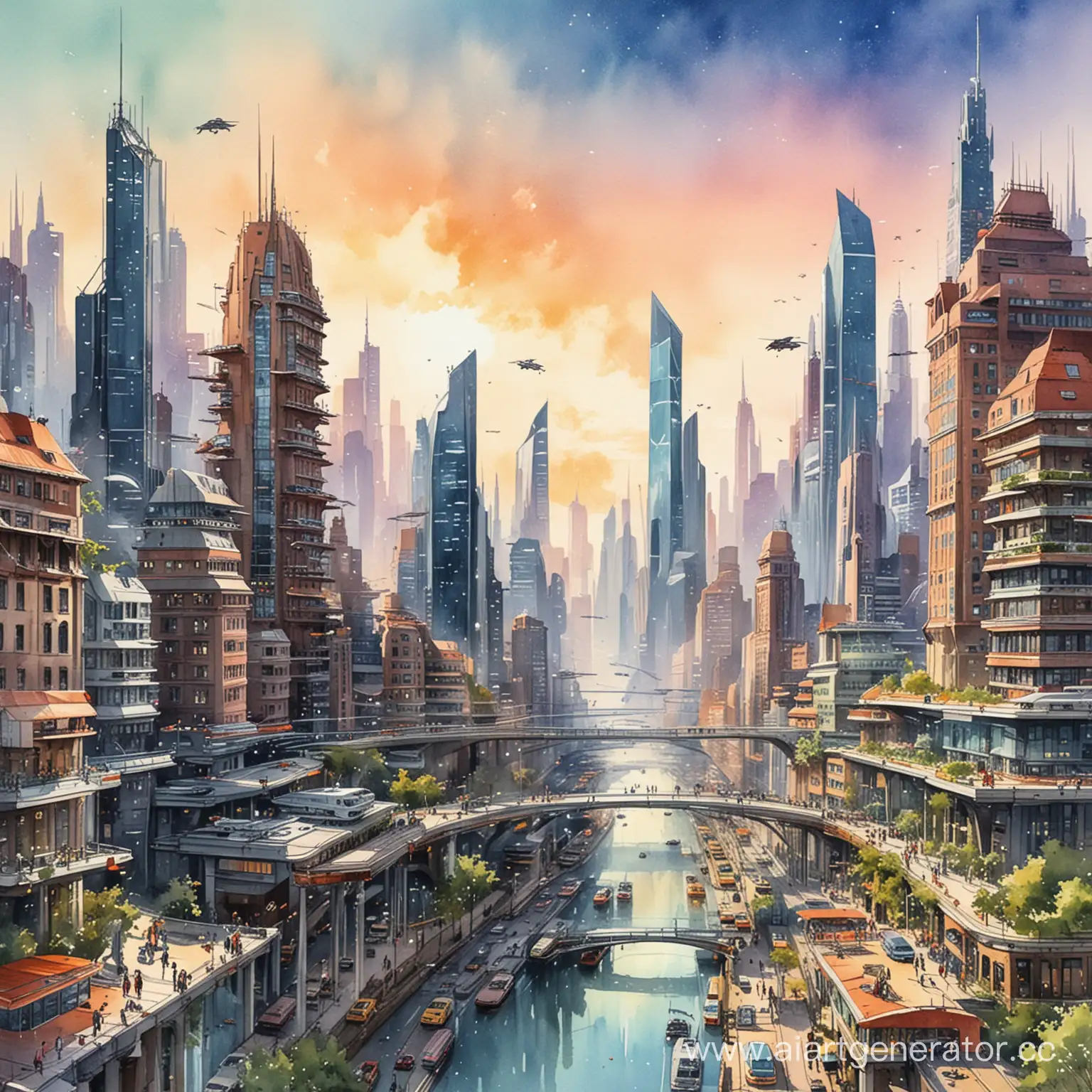Город будущего акварелью