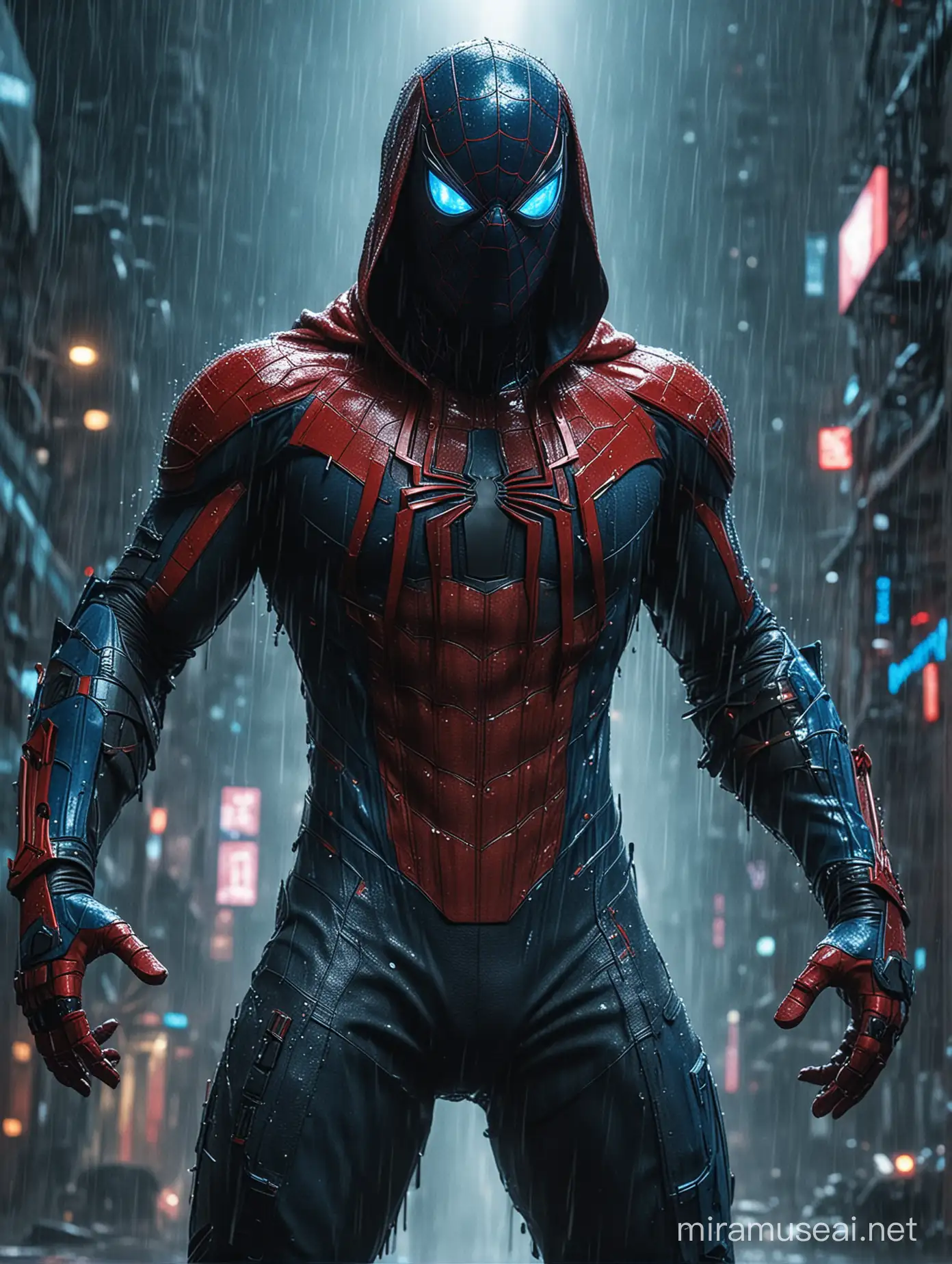 Enzo Vogrincic in  spiderman custome no face mask standing in a cyber punk blue and red themed rainy night, bulk and big body, holding his arms back and looking down at the camera with a tilted head