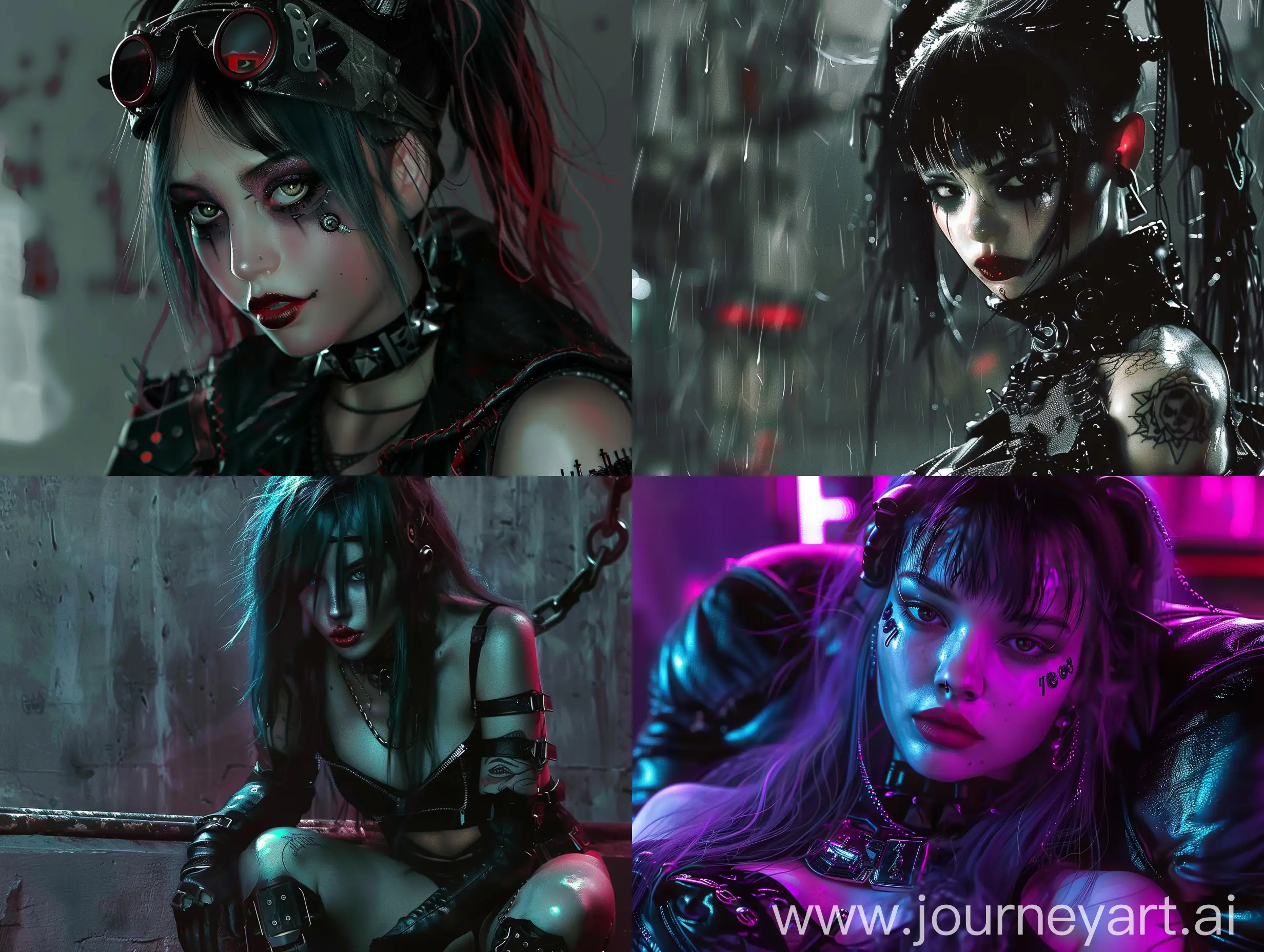 A realistic goth cyberpunk pinup girl wallpaper with dark colors.