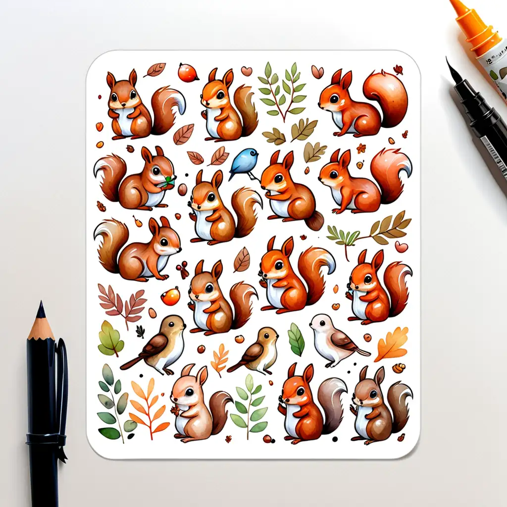Adorable Woodland Creatures Sticker Sheet Squirrels Bunnies Birds in Kawaii Style