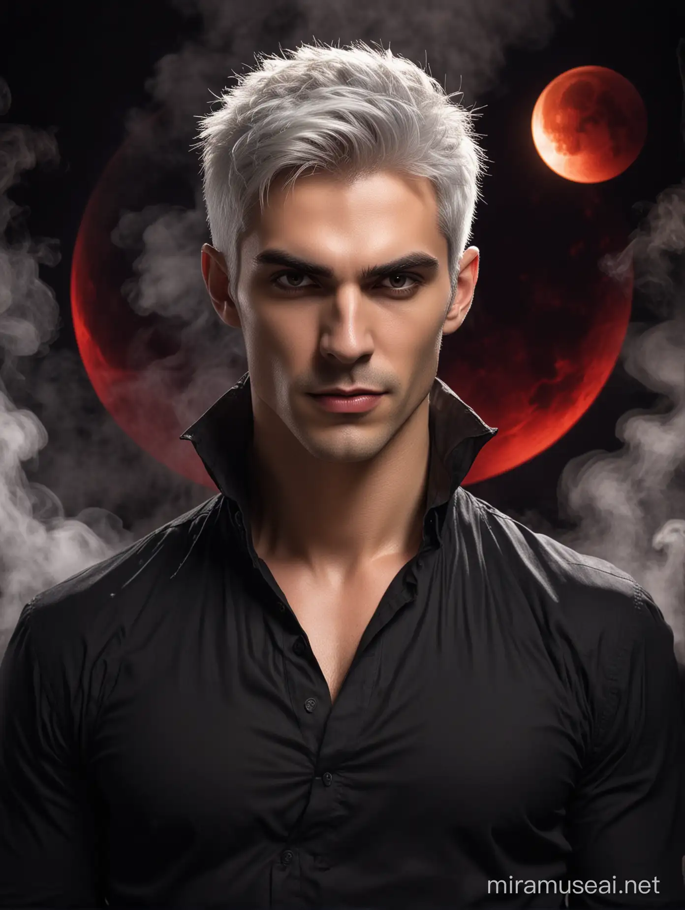 Seductive SilverHaired Vampire Intense Smirk Under Red Moon