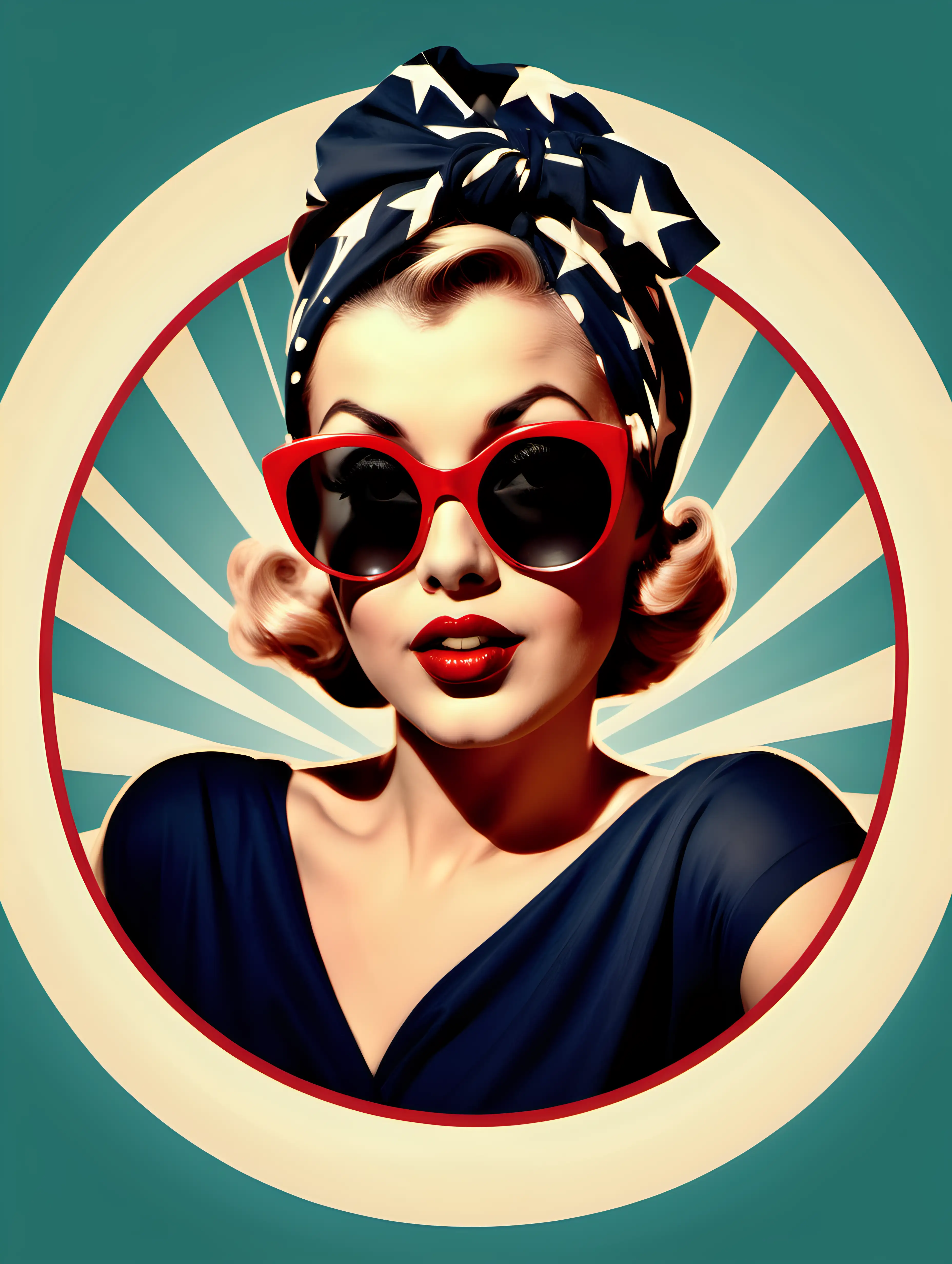Woman with flare and a confident look, in a sassy pose, red glossy lips, big dark sunglasses and a head scarf Hollywood style. Hollywood Pinup style of the 1940's. vintage. circle behind the womans head. illustration