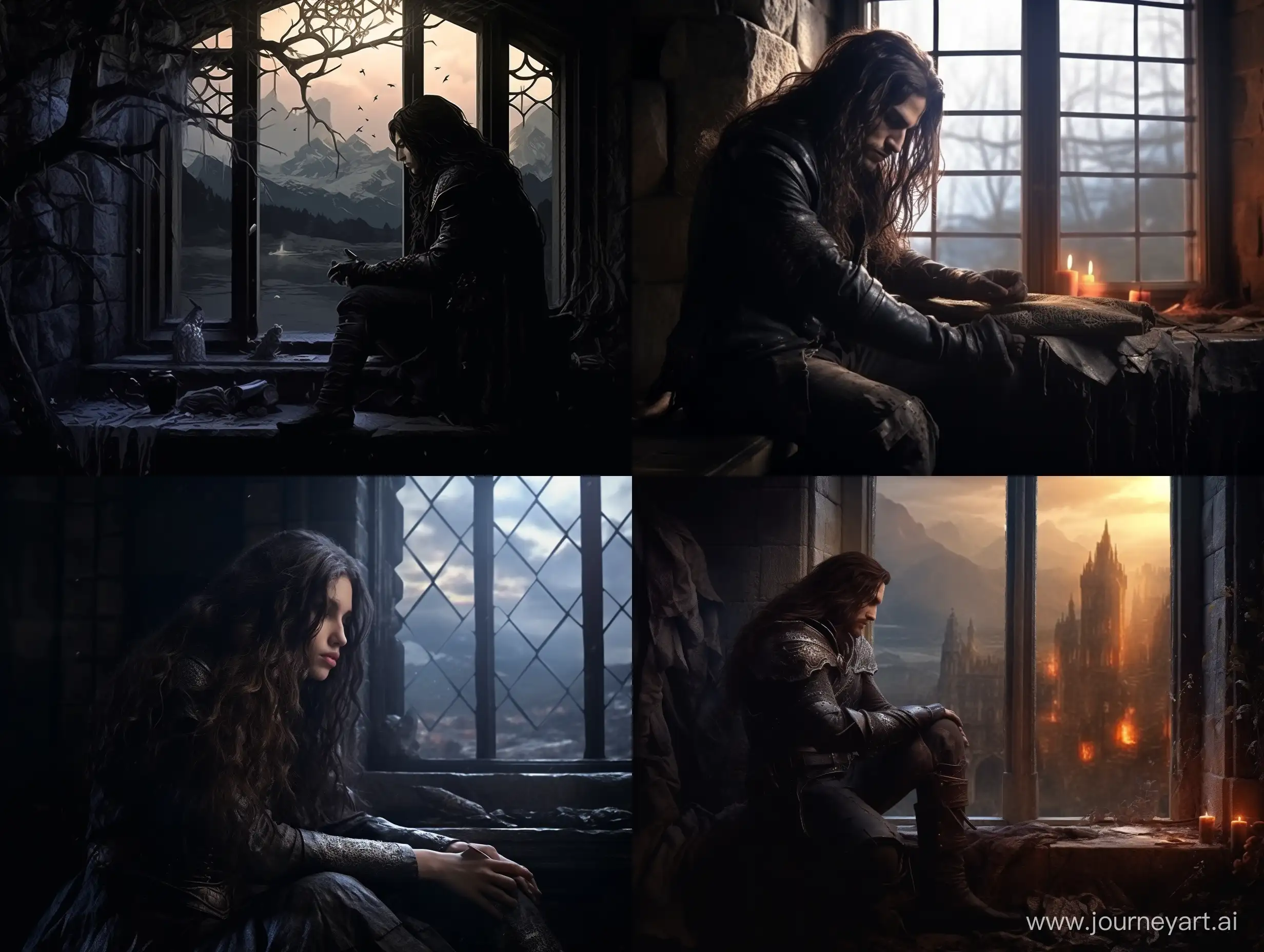 тёмный длинноволосый рыцарь сидит в башне возле окна и задумчиво смотрит на волшебный камень в руках. Dark Fantasy готический стиль с эффектом старого рисунка, зернистость