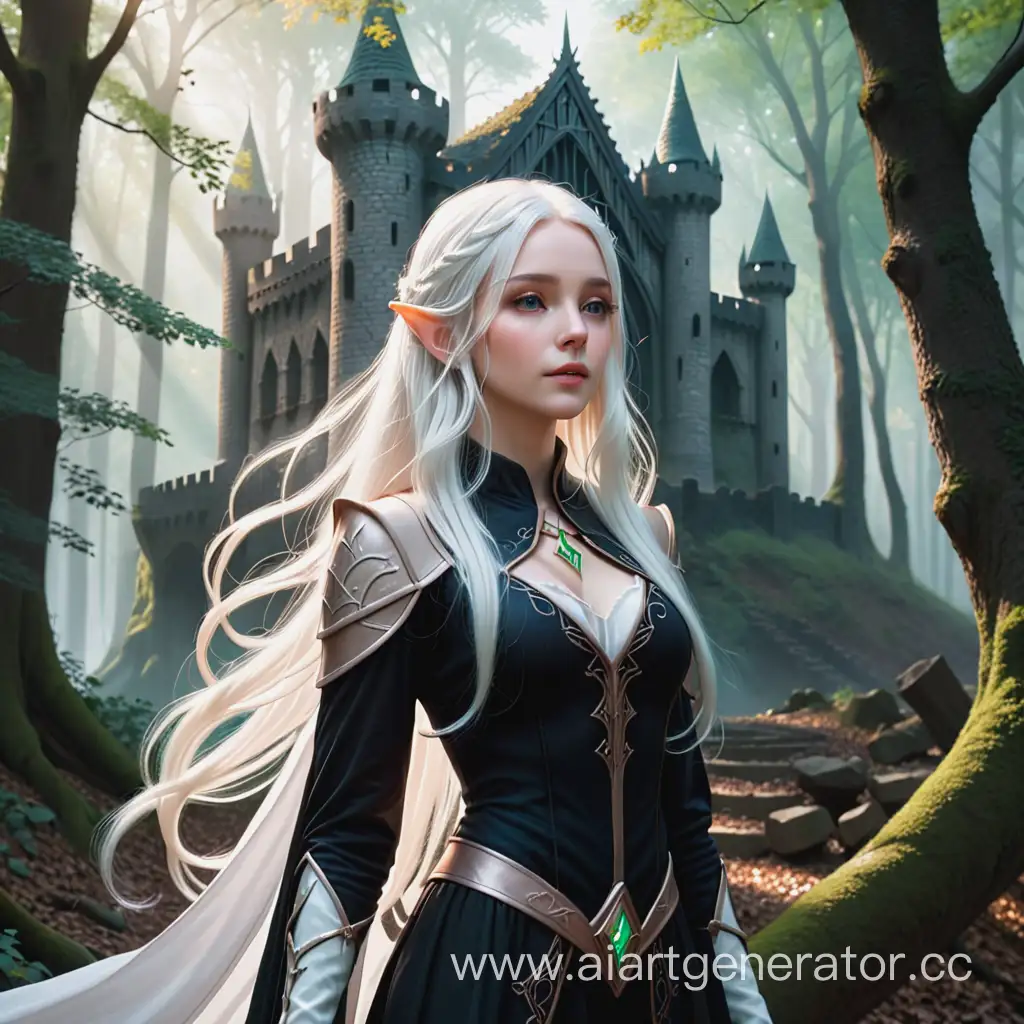 Enigmatic-Elf-with-Long-White-Hair-amidst-Ruined-Elven-Castle-in-Magical-Forest