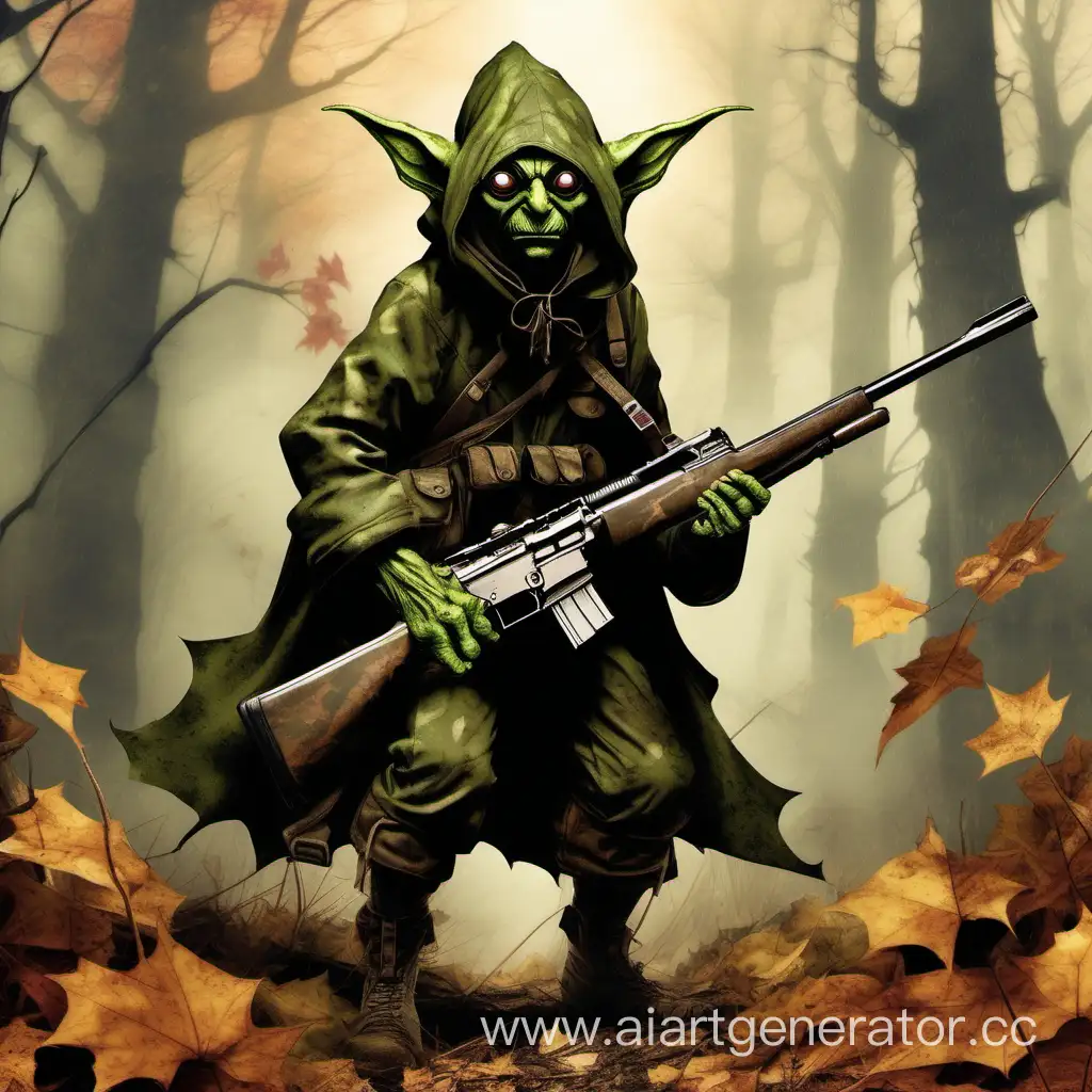 гоблин, маскировочная накидка со свисающими листьями и с капюшоном, охотничья винтовка с оптическим прицелом в руках, лицо закрыто маской, виден только нос и глаза, 