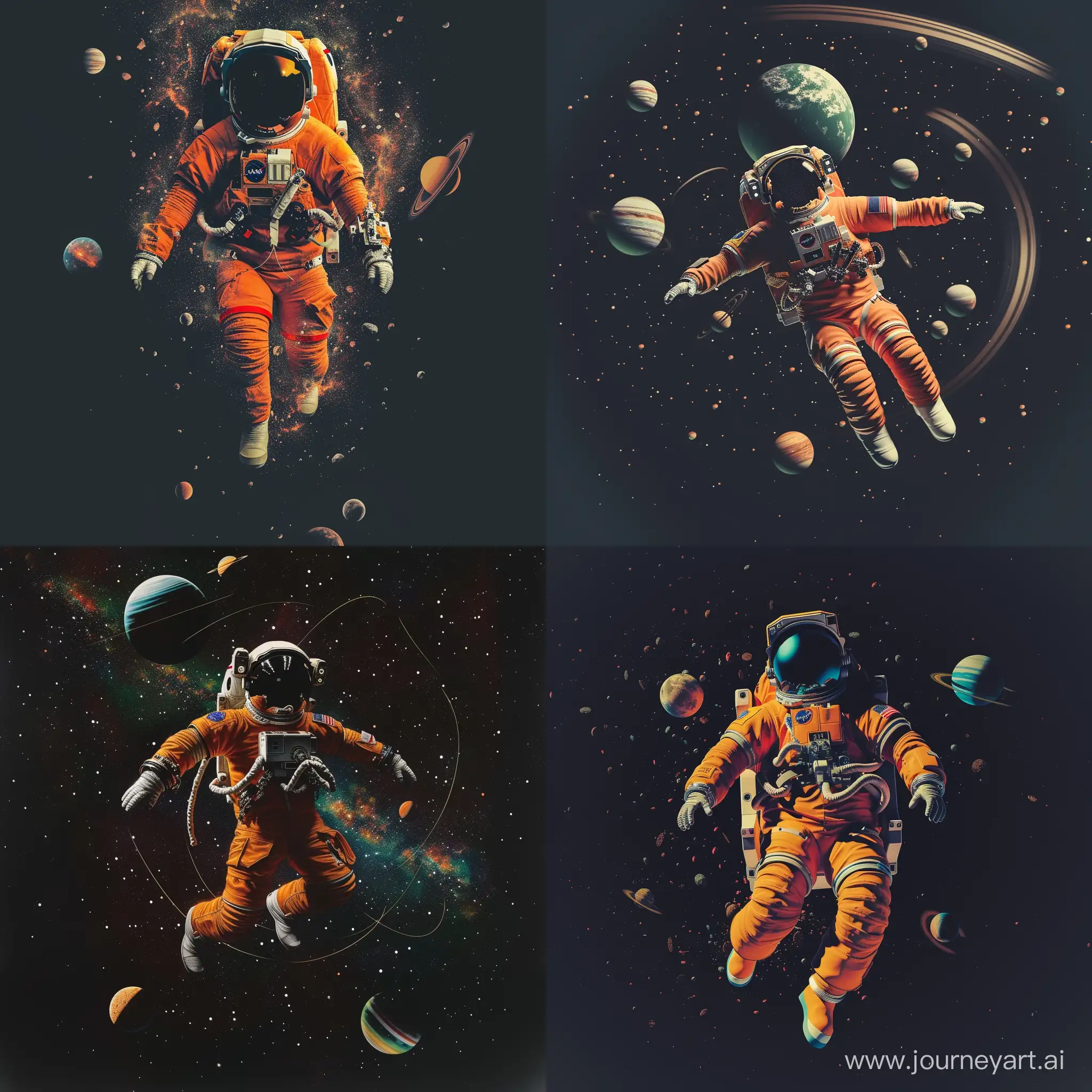 an astronaut in an orange spacesuit flies in space, orbits with planets revolve around him