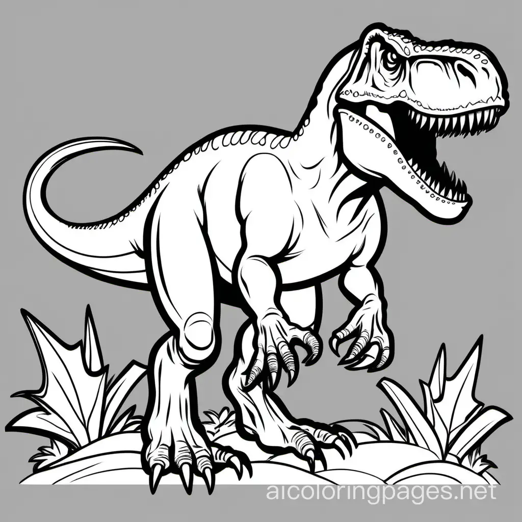 Tyrannosaurus Rex, Coloring Page, black and white, line art, white background, Simplicity, Ample White Space. The background of the coloring page is plain white to make it easy for young children to color within the lines. The outlines of all the subjects are easy to distinguish, making it simple for kids to color without too much difficulty
