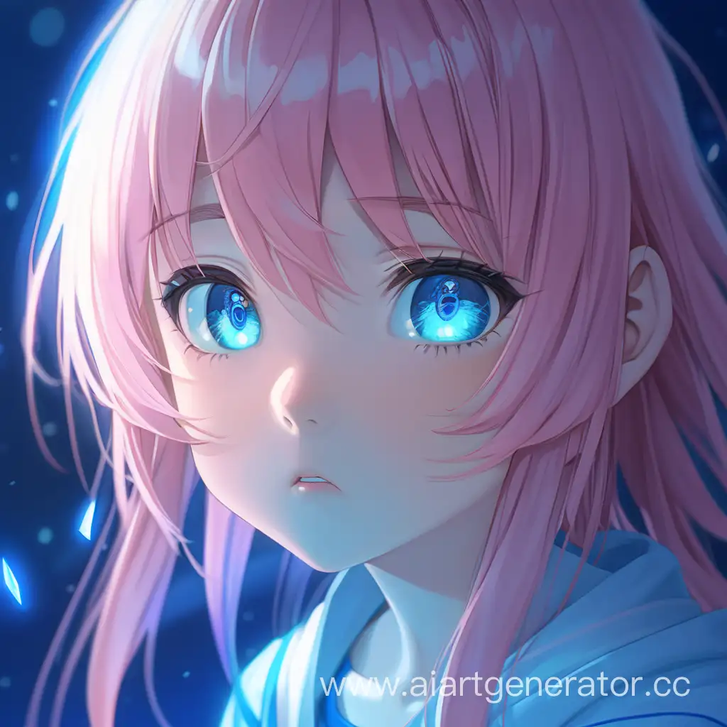 сине-розовый свет только с одной стороны, аниме, тянка портрет, смотрит вверх, грустные глаза, глубокие и светящиеся синие глаза