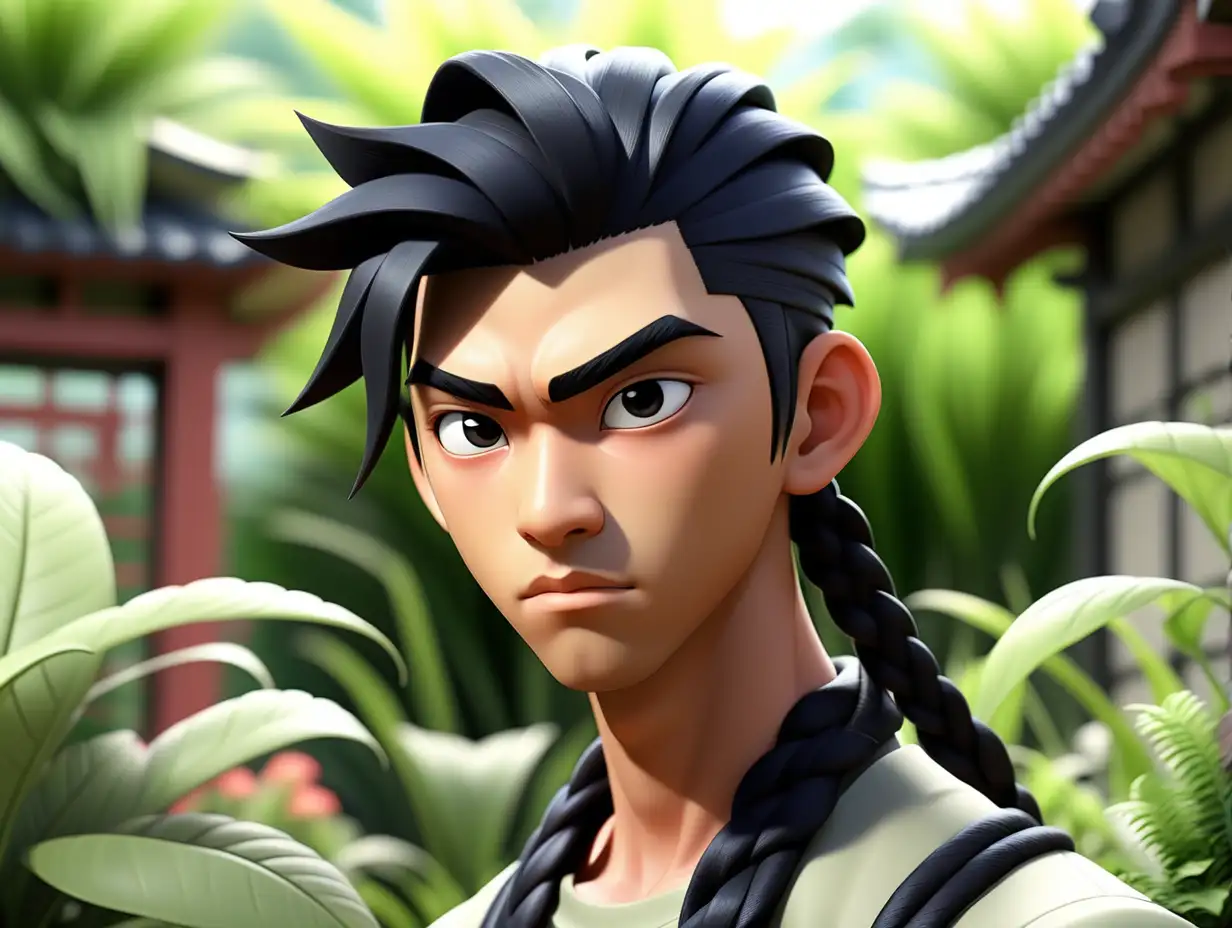 3D, anime, asian male, 21 year old, black braid hair, thick eyebrows, depth of field, plants in background