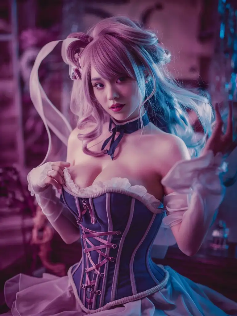 a woman in a corset posing for a picture, a picture, by Ayami Kojima, soft portrait shot 8 k, cutecore, mysterious!, publicity cosplay,  magazine shoot, glossy