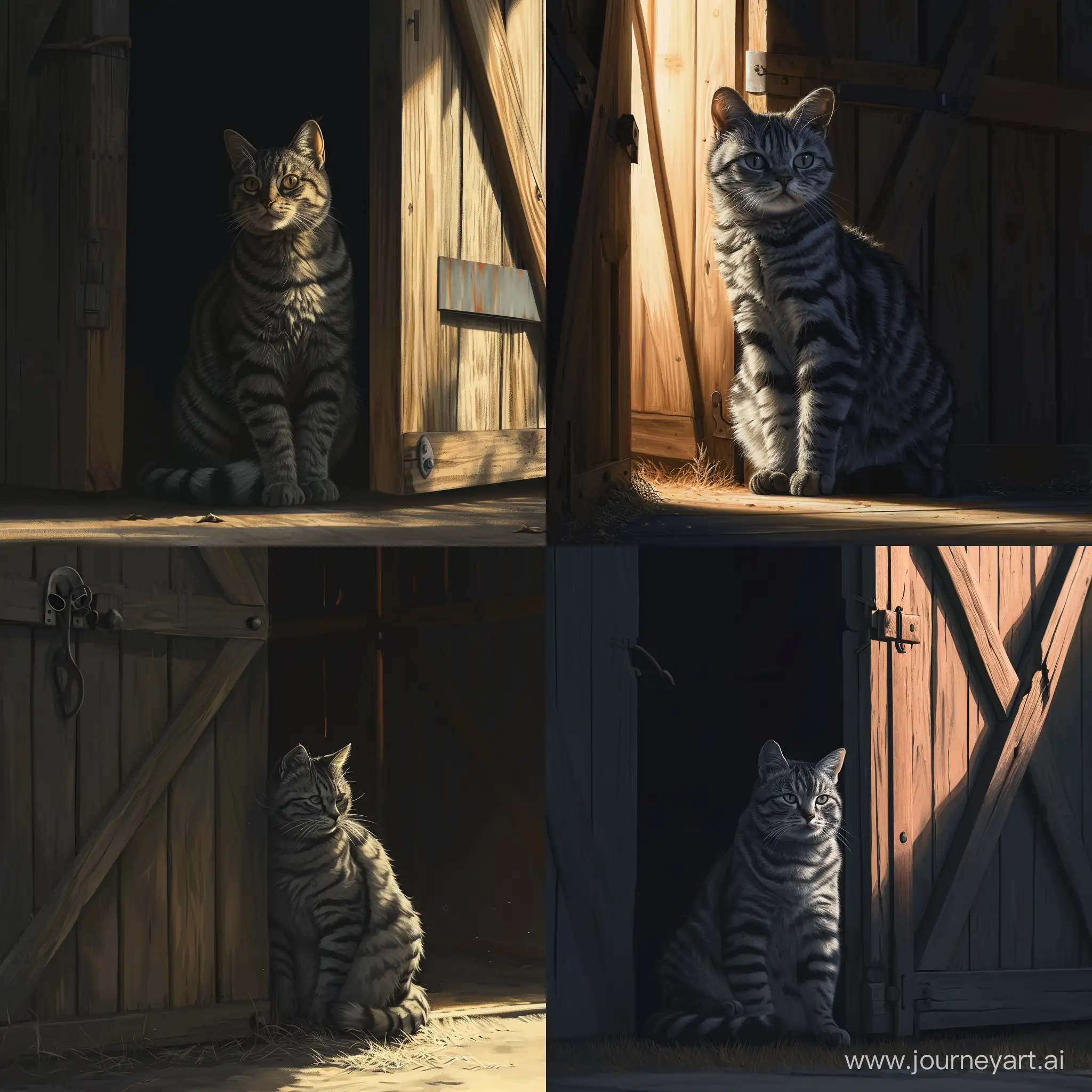 realistic full body portrait of the Cheshire cat as a grey striped cat. it's sitting behind the barn doors in the Shadow, but it's head is illuminated by the warm light coming from outside