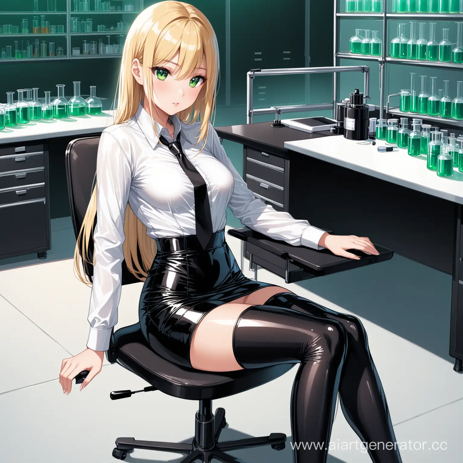 a short girl, long straight blonde hair, green eyes, dressed in a black latex short skirt and a white shirt and black stockings, she is sitting in a laboratory on a chair at a desk, she looks seductive