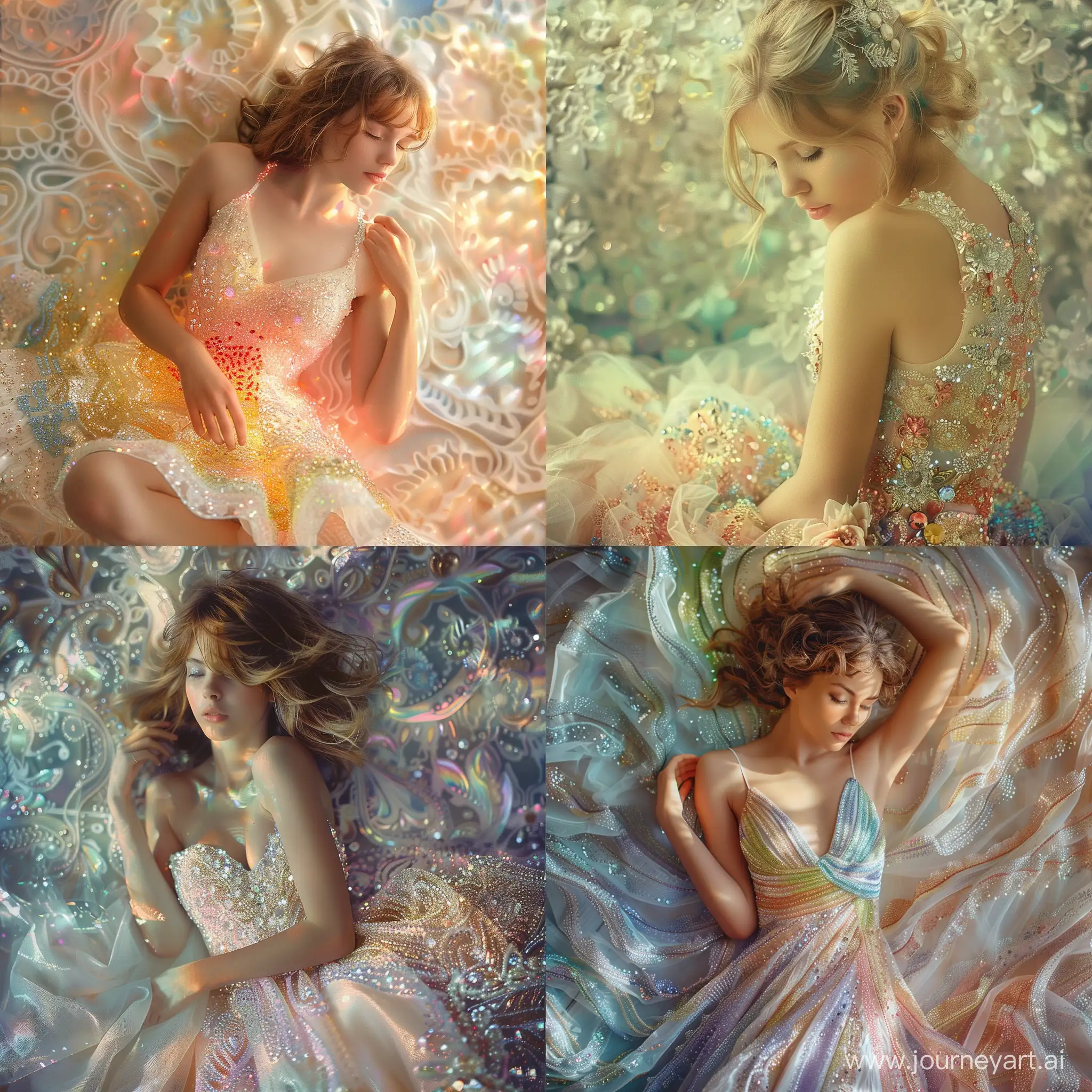 Artistic photography, surreal. A beautiful girl in a (summer dress) (made entirely of colored Swarovski crystals)... Unusual, unique. In the style of surreal images by Pauline Guillard, soft and sweet, intricate background. V6