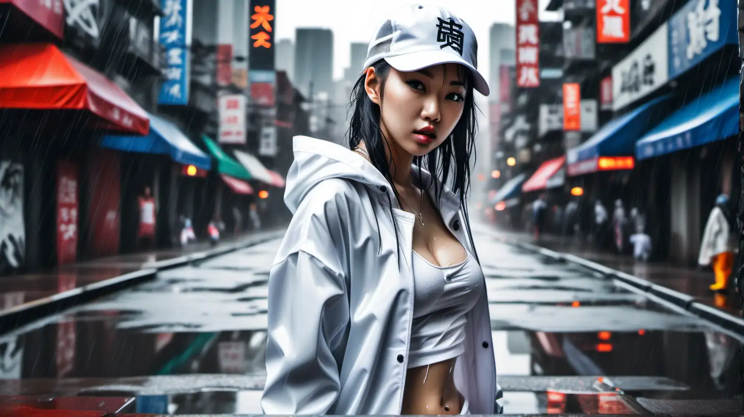  photo realism, asian girl, white hip-hop style clothing, wet, city