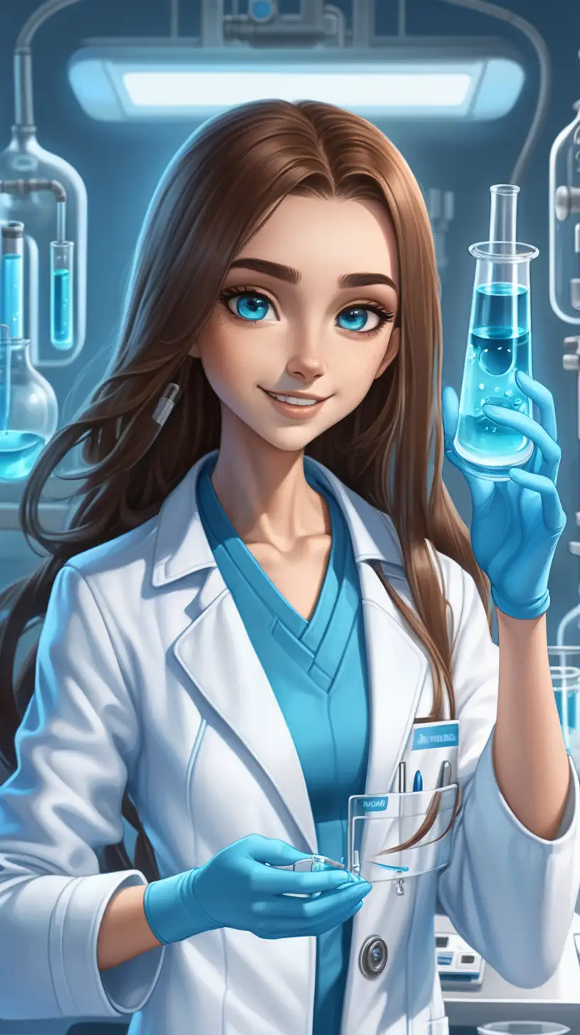 Futuristic Female Scientist Holding Blue Test Tube in Laboratory