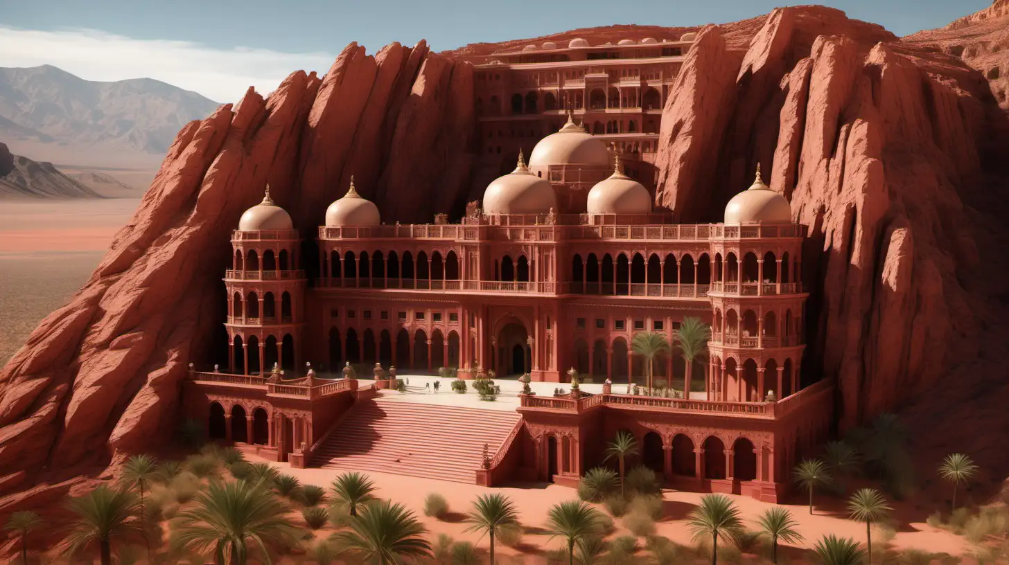 a massive palace built into the face of huge red rock mountains. it has moorish architecture and a grand entrance in the front, with massive stairs leading to the palace. it sits in a red desert and is surrounded by desert plants