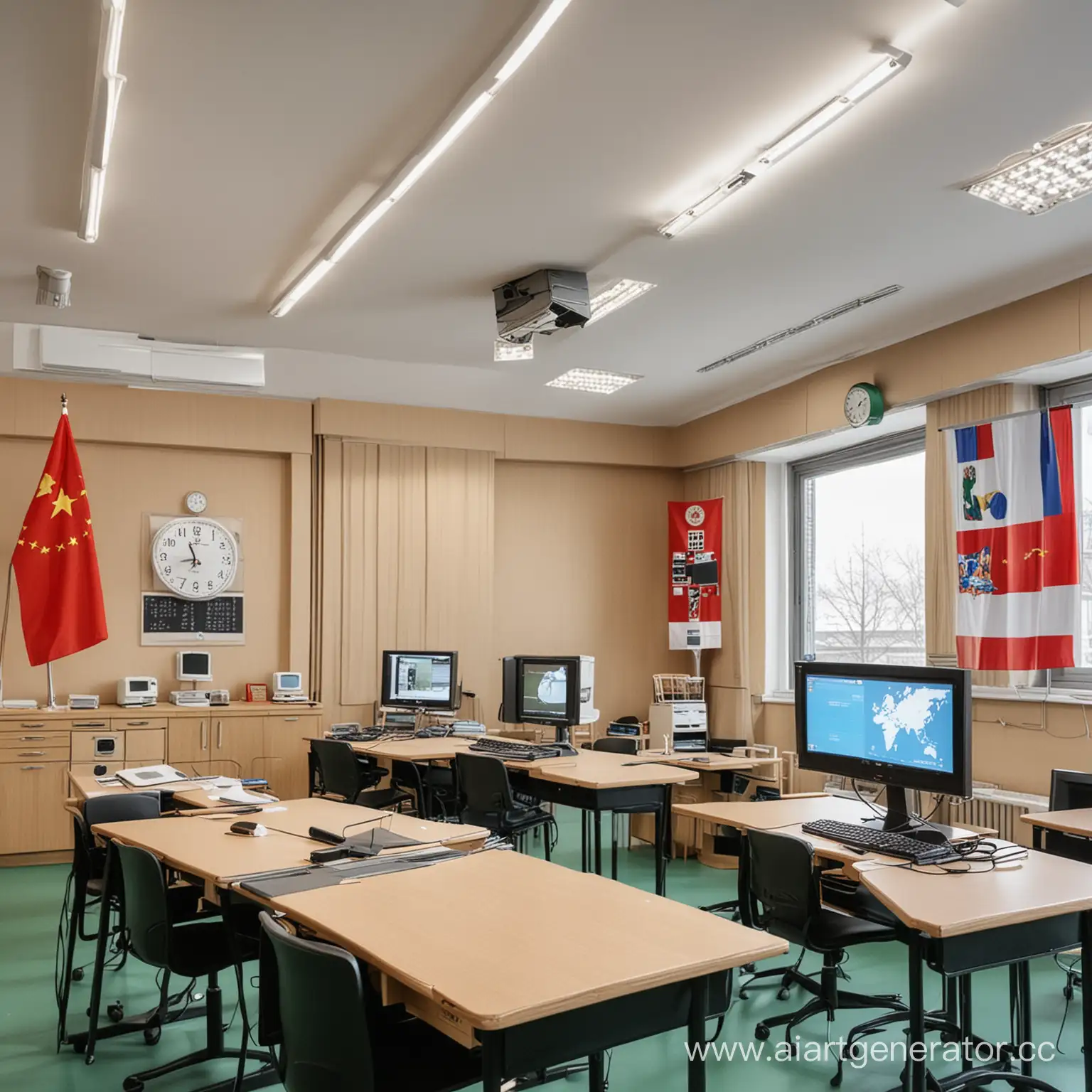 Современный школьный кабинет. На партах лежат компьютеры. Над интерактивной технологичной доской висят часы. Рядом с часами флаги РФ, Китая и Британии. В кабинете стоит шкаф с гаджетами для обучения. 