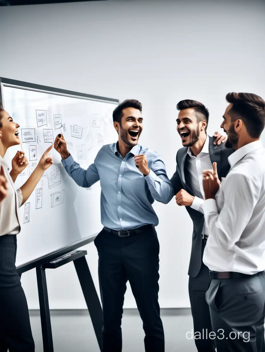 Un grupo de ejecutivos sonriendo y celebrando tras llegar a una solución innovadora para un caso, mostrando la pizarra llena de ideas detrás de ellos.