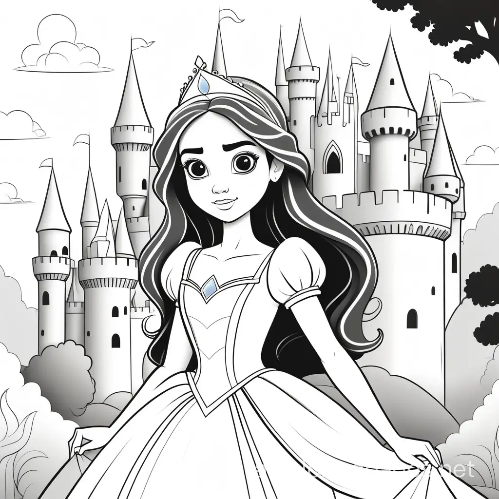 Girl princess dress deatail  and background castle, Coloring Page, black and white, line art, white background, Simplicity, Ample White Space. The background of the coloring page is plain white to make it easy for young children to color within the lines. The outlines of all the subjects are easy to distinguish, making it simple for kids to color without too much difficulty