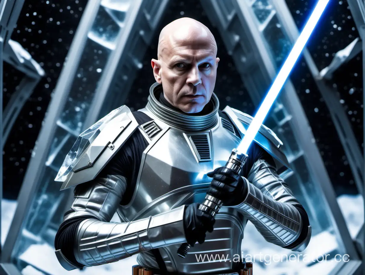 Futuristic-Bald-Man-in-Silver-Space-Suit-with-Lightsaber-Inside-Ice-Crystal