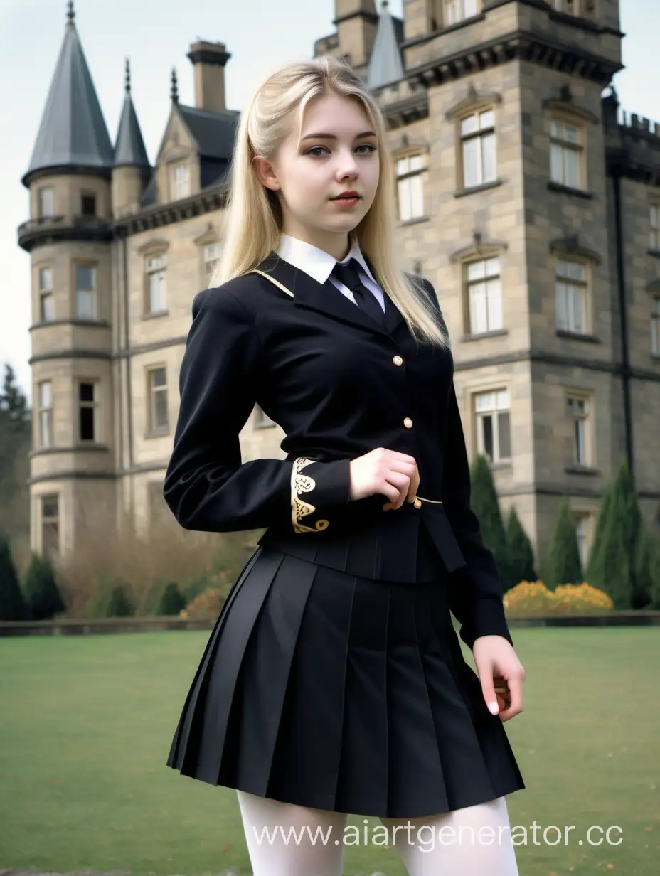 Blonde aged 20 years old in black student uniform, Pleated skirt with gold border, Standing sideways, White pantyhose, in a background Victorian castle