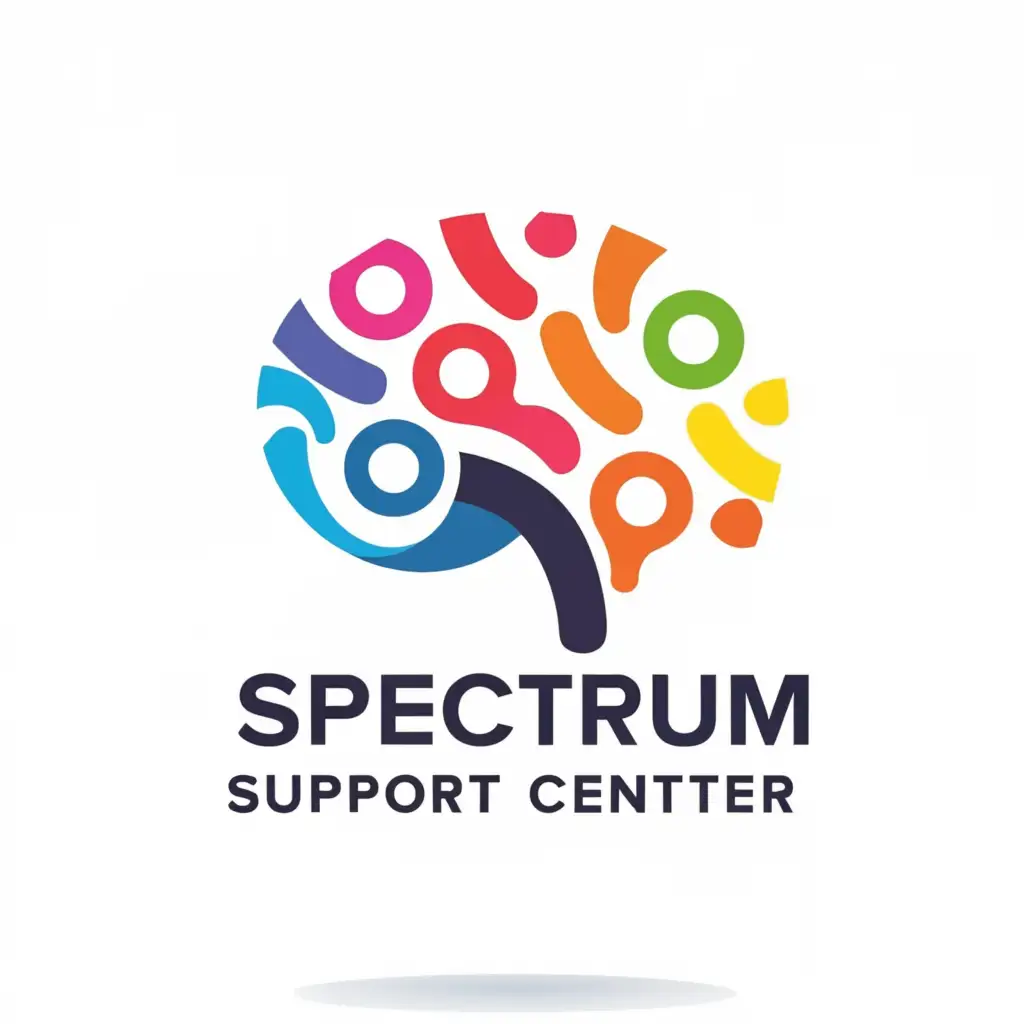 a logo design,with the text "Spectrum Support Center", main symbol: brain, puzzle, kids, rainbow color,Minimalistic,clear background