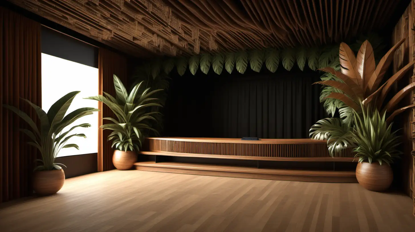 Tropical Cinema Theatre with Wooden Audio Console and Plant Accents