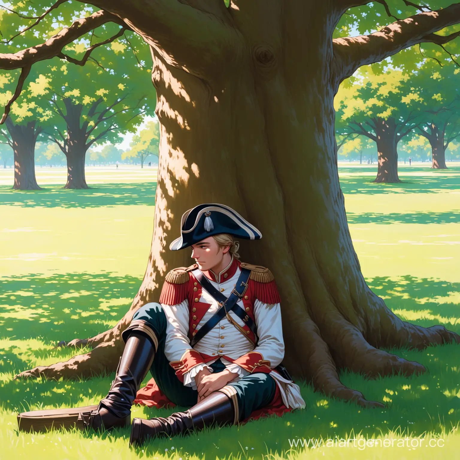 Soldier-from-1772-Leaning-Against-Oak-Tree-in-Park-Grass