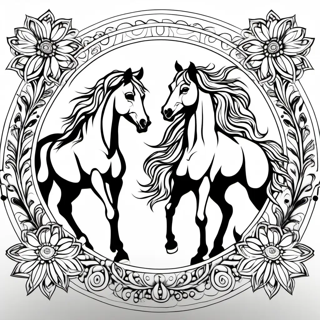Graceful Wild Horses Amidst Floral Mandala Intricately Designed Black and White Coloring Page