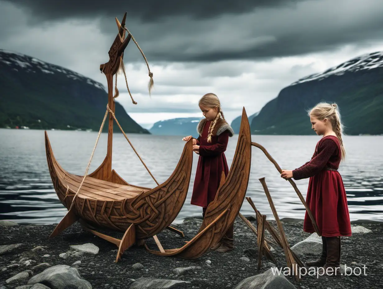Two Norwegian girls 11 years old Vikings are building a drakkar on the shore of a fjord under the cloudy sky