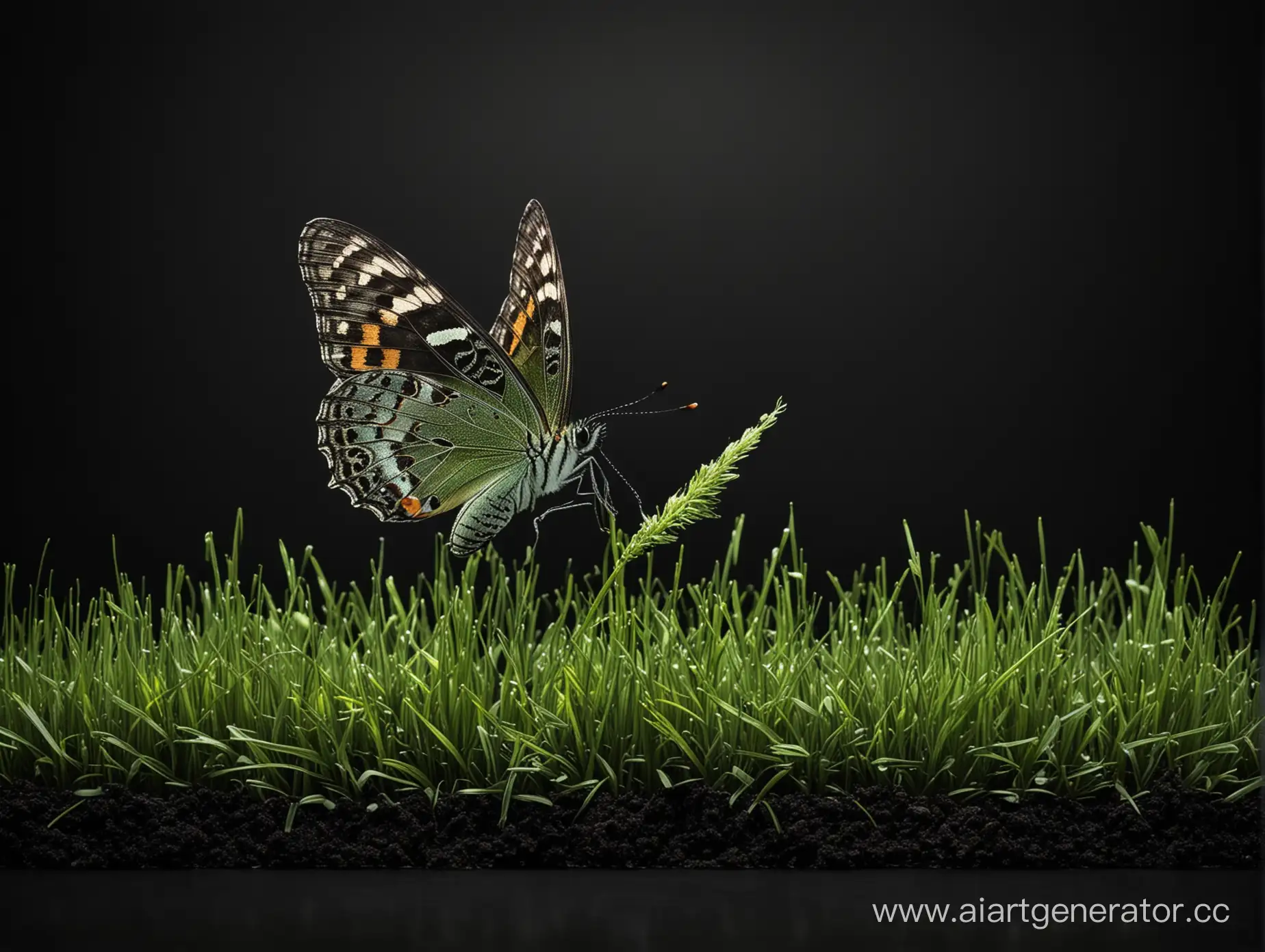 На черном фоне растёт трава зеленая на ней сидит бабочка