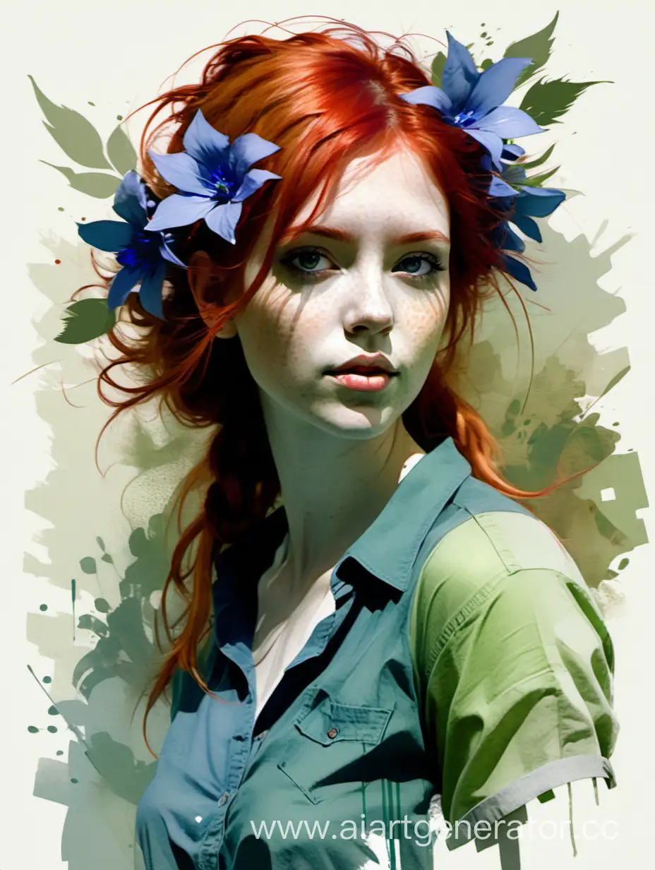 Girl with red hair and blue flowers in her hair and a green shirt, Impressionism painting, soft color palette, whimsical, full body picture, beautiful, highly detailed, digital illustration, award-winning masterpiece, dynamic, watercolor painting, smooth, sharp focus, illustration in the style of Russ Mills