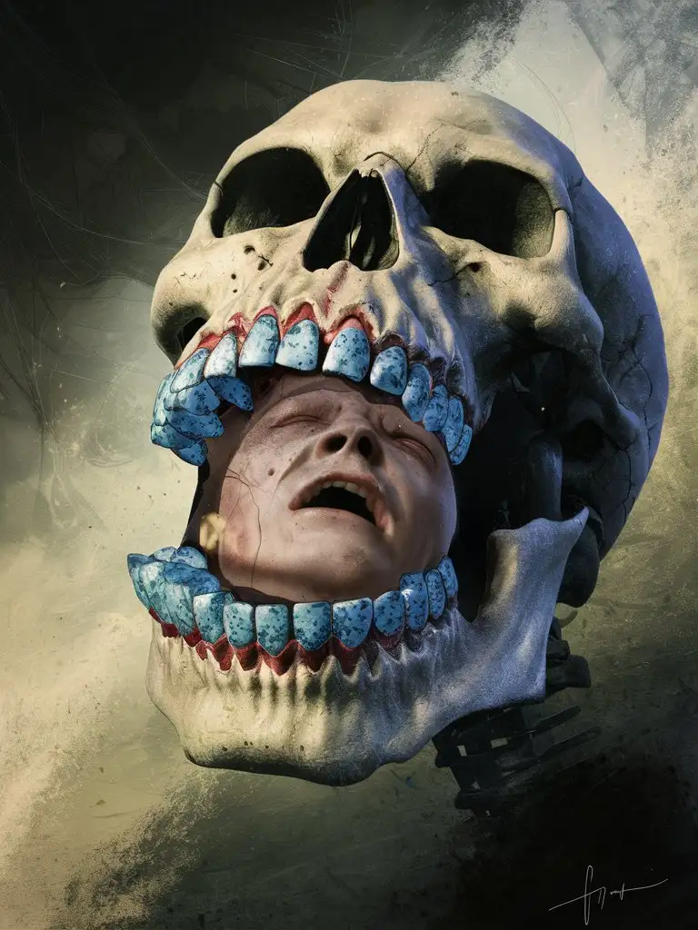 череп у которого есть зубы со скайсами зажимает во рту образ человека который борется за жизнь