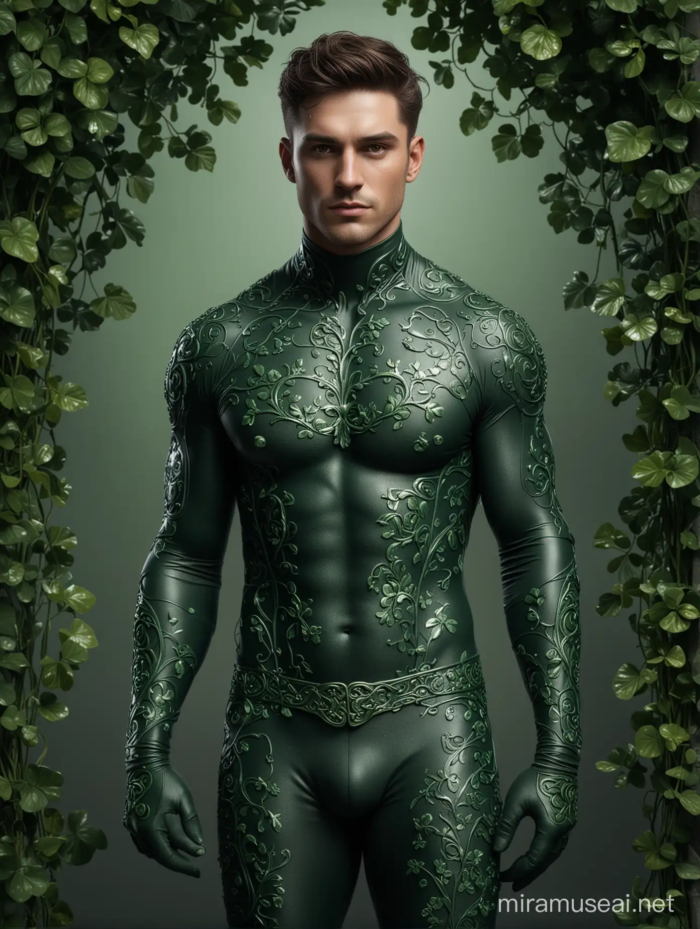 Handsome Poison Shamrock Character in Detailed Dark Green Latex Costume