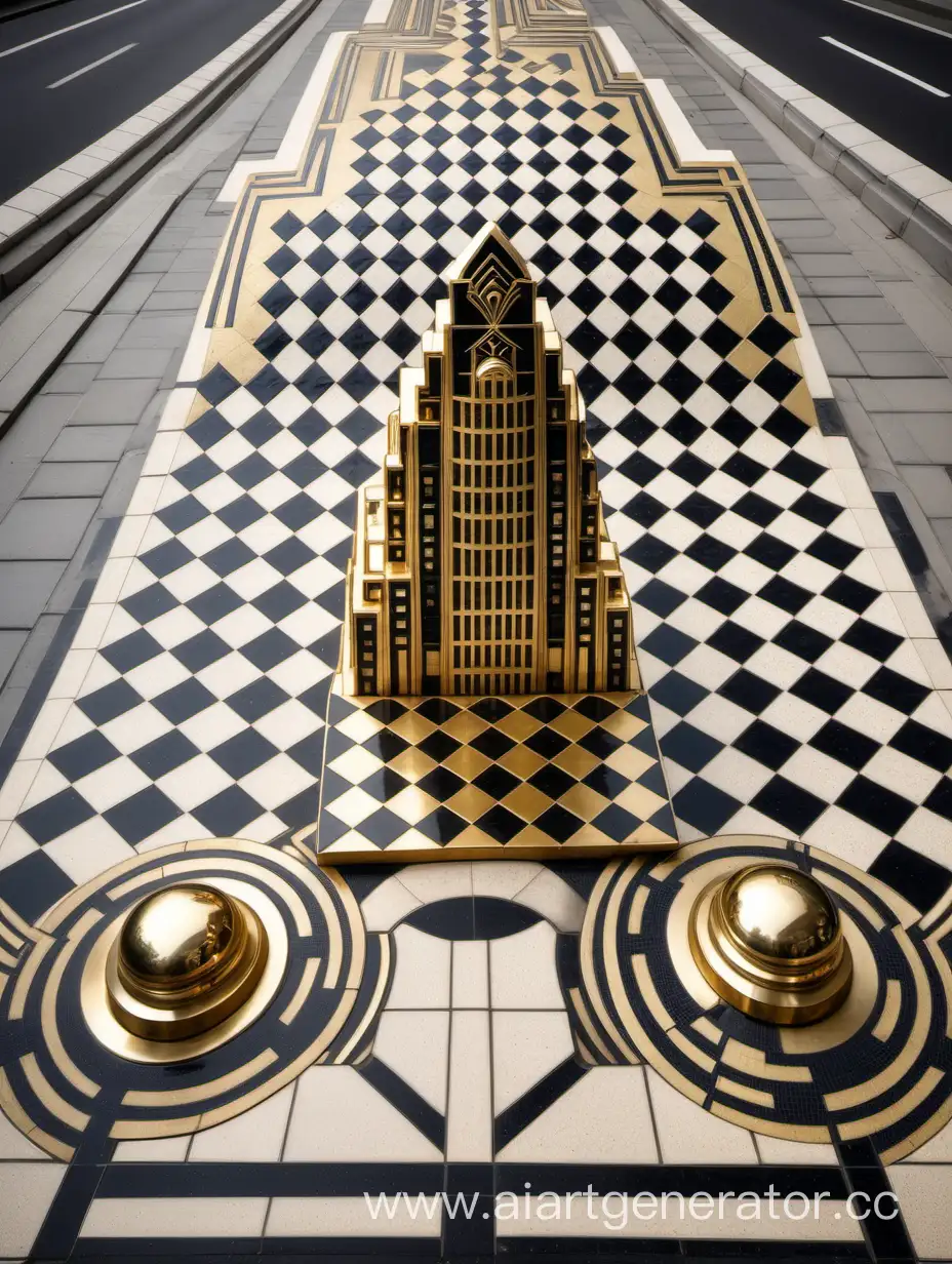 Art Deco architecture, building, gold black and white colors, sculpture, road-chessboard tiles