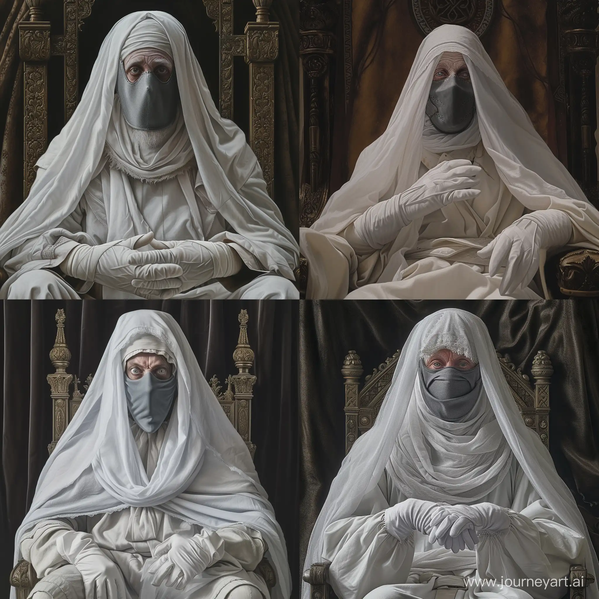 A portrait of King Baldwin IV of Jerusalem. He is wearing face covering gray mask, white veil, white robe and white gloves. Sitting on throne. His eyes are pale and sick. Realistic image.