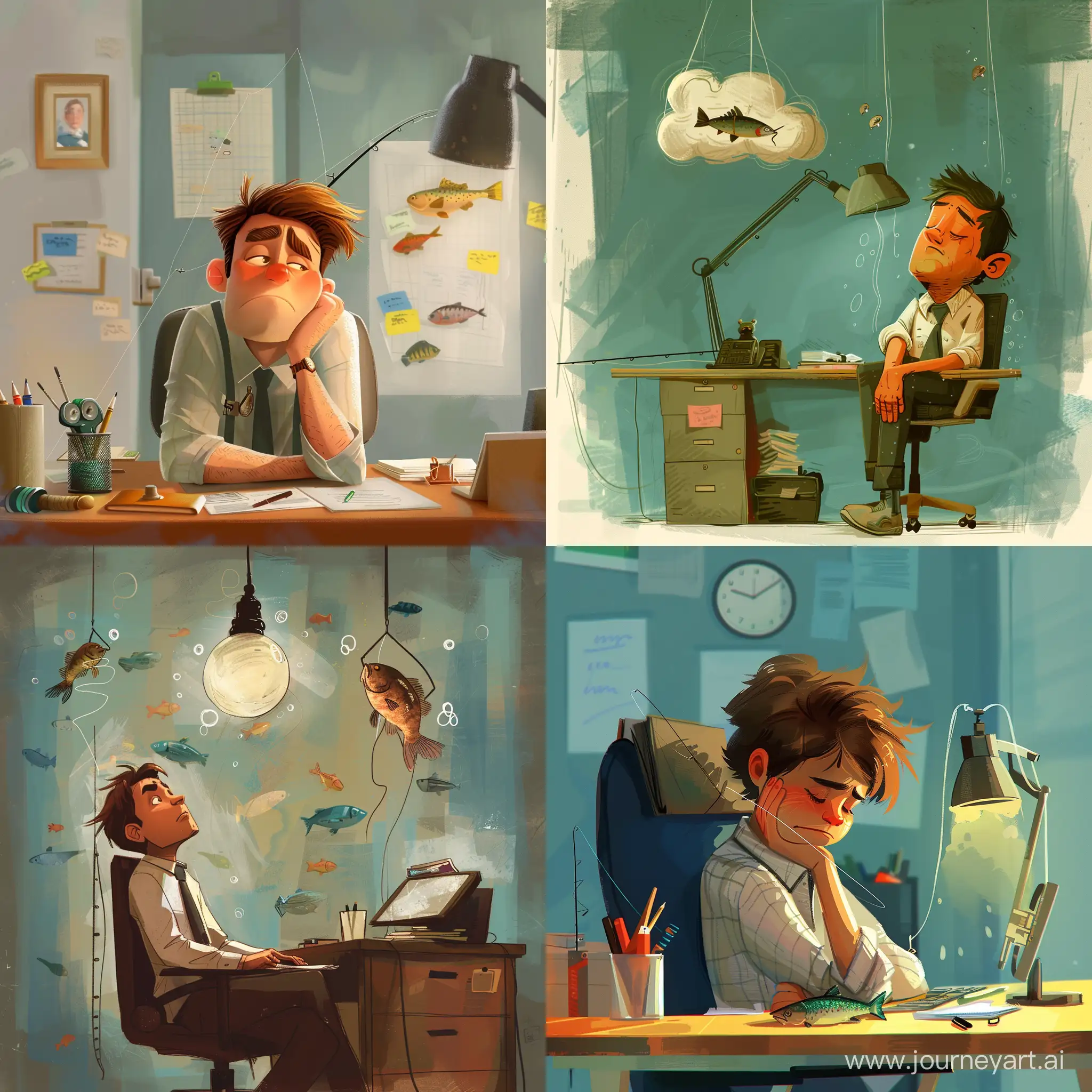 Draw an office worker who is tired and dreams of going fishing. Make it in pixar style.