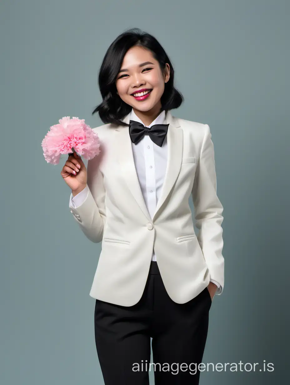 Elegant-Vietnamese-Woman-in-Ivory-Tuxedo-with-Pink-Carnation-Corsage