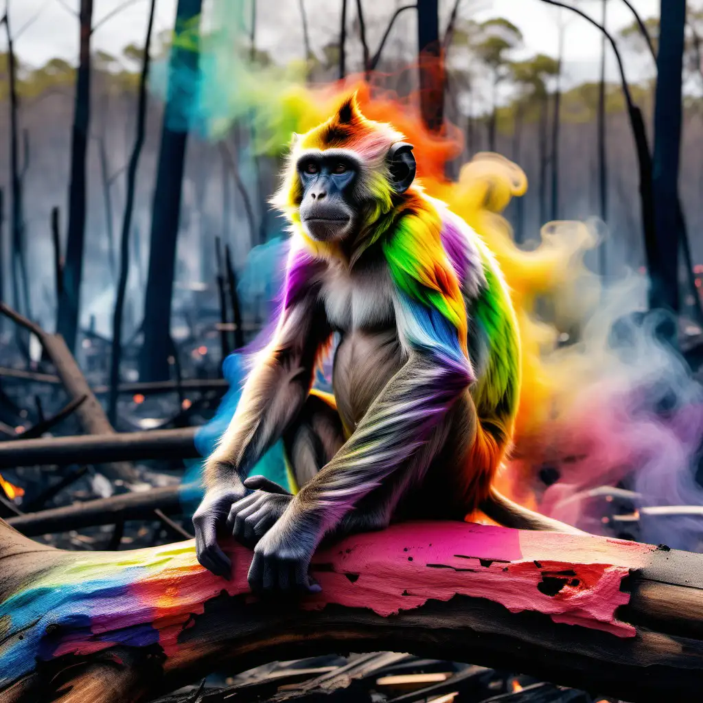 Create a live painting of a monkey whose body hair colors are the seven colors of the rainbow, is sitting on a burnt tree in a burnt down forest, evoking a sense of hope.