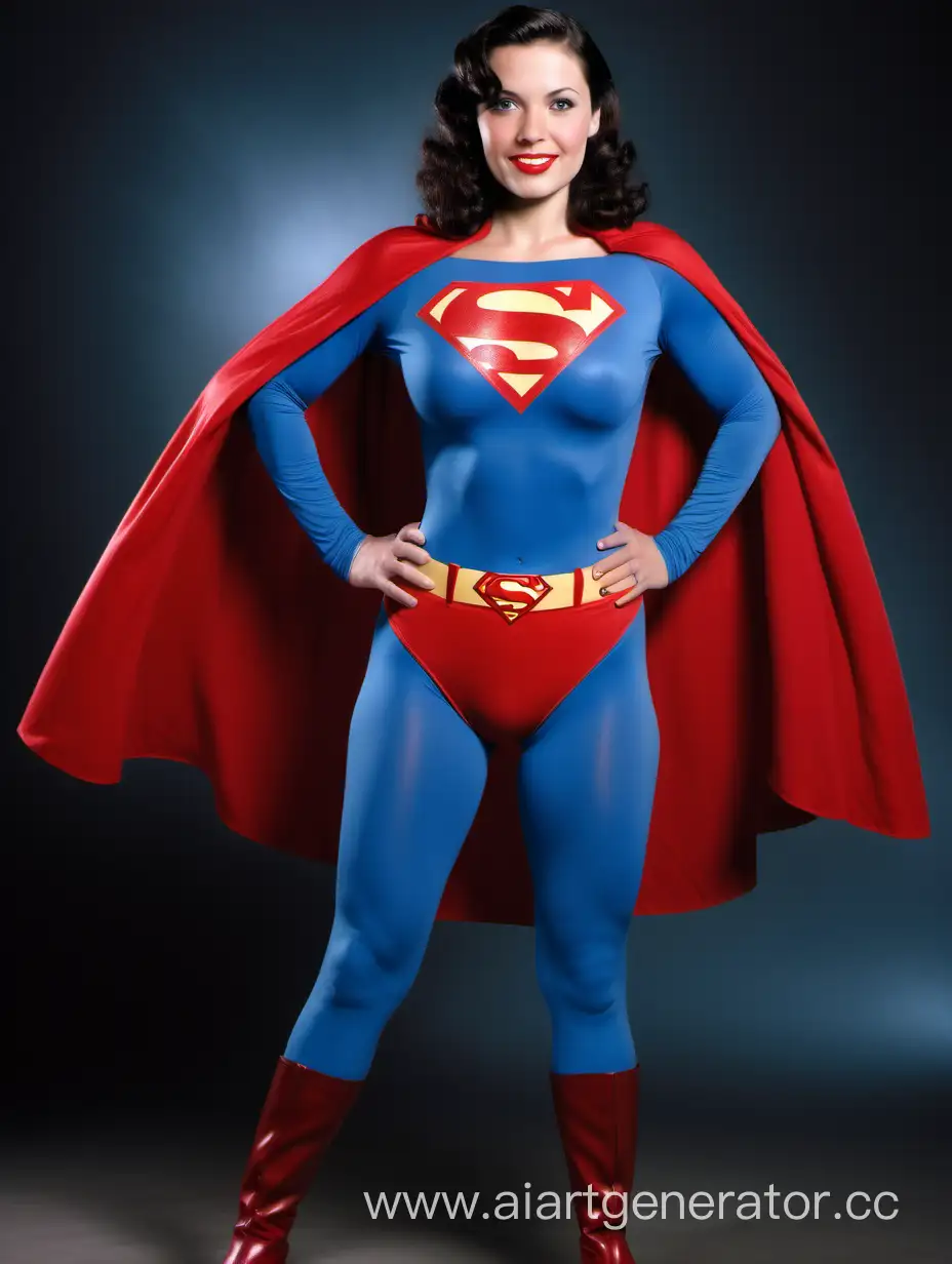 A beautiful woman with dark hair, age 31, She is happy and muscular. She is wearing a Superman costume with (blue leggings), (long blue sleeves), red briefs, red boots, and a long cape. Her costume is made of very soft fabric. The symbol on her chest has no black outlines. She is posed like a superhero, strong and powerful. In the style of a 1940s movie.