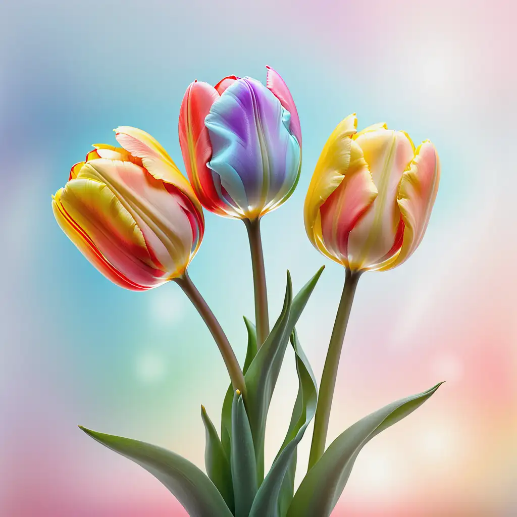 light colors abstract, three tulips with soft sky background
