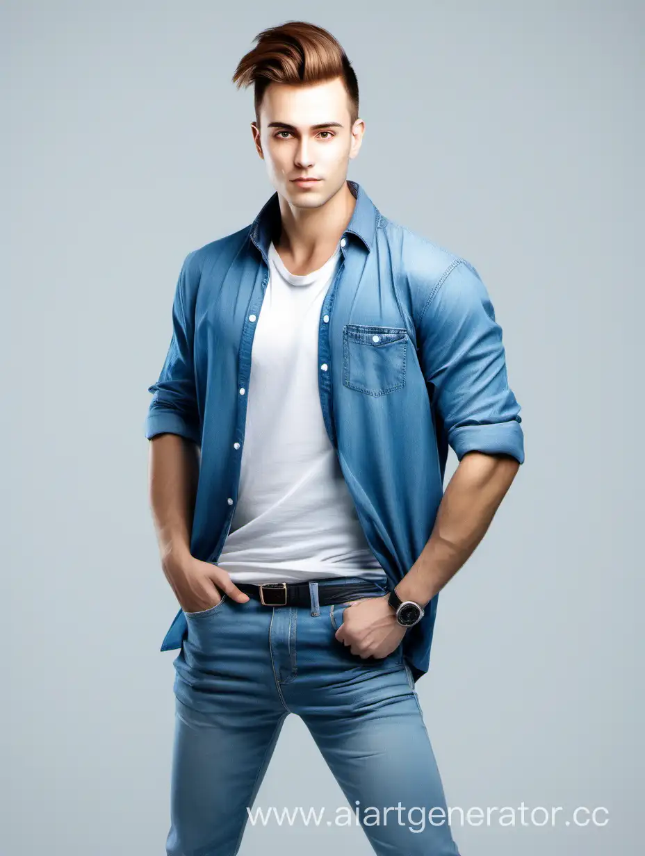 парень красивый, каштановый волос с хвостом, чисто выбритый, фэнтези, синяя рубашка, джинсы и кроссовки, белый фон