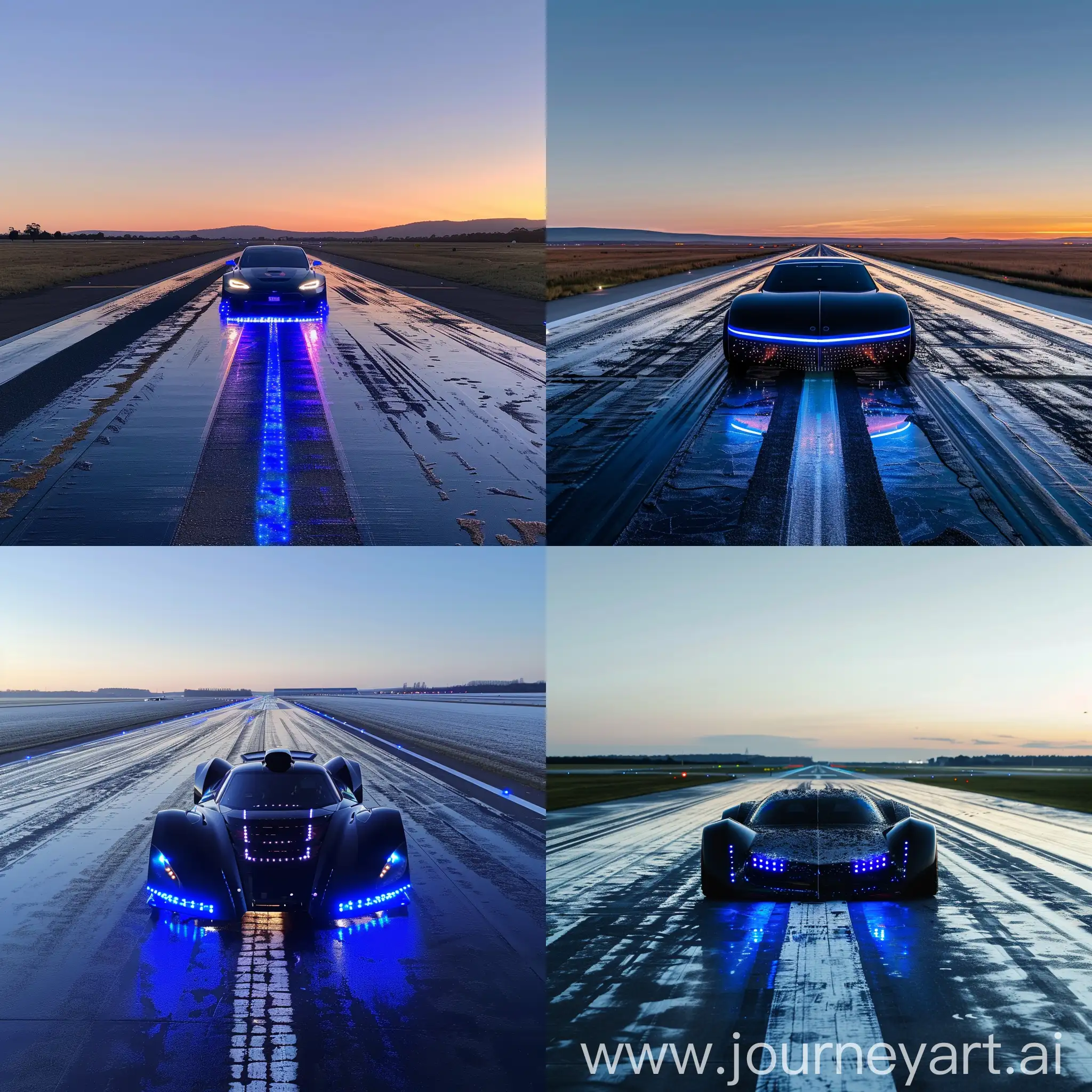 a car with blue lights and black colour in a runway , road is a bit wet and clear sky
